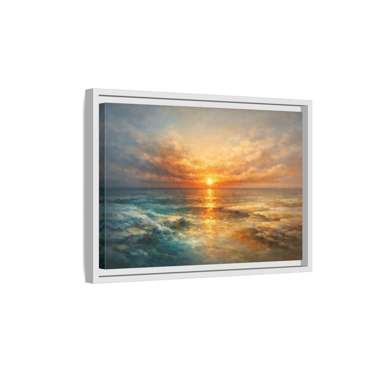 Side Mockup 4. Nature Ocean Sunset Orange Blue Sunset shown as stretched canvas wall art
