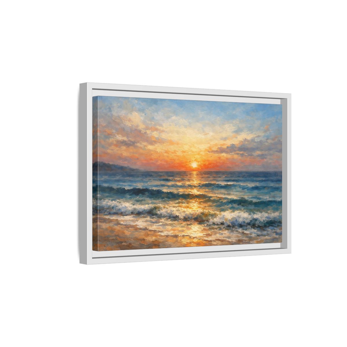 Side Mockup 4. Nature Ocean Sunset Orange Blue Ocean shown as stretched canvas wall art