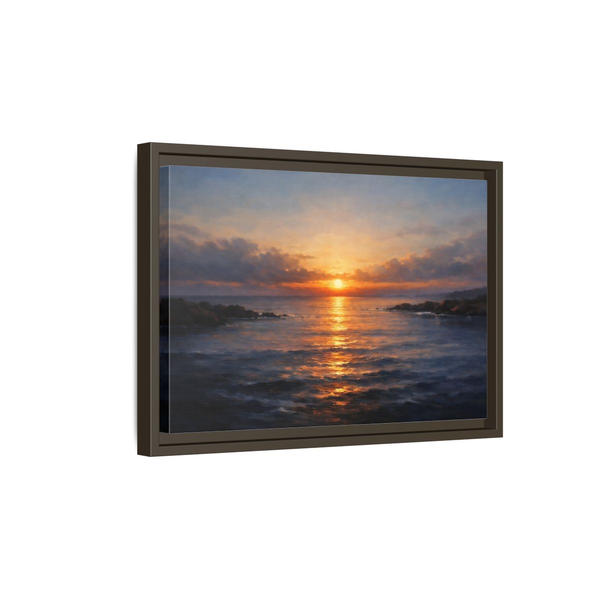 Side Mockup 5. Nature Ocean Sunset Orange Blue Sunset shown as stretched canvas wall art