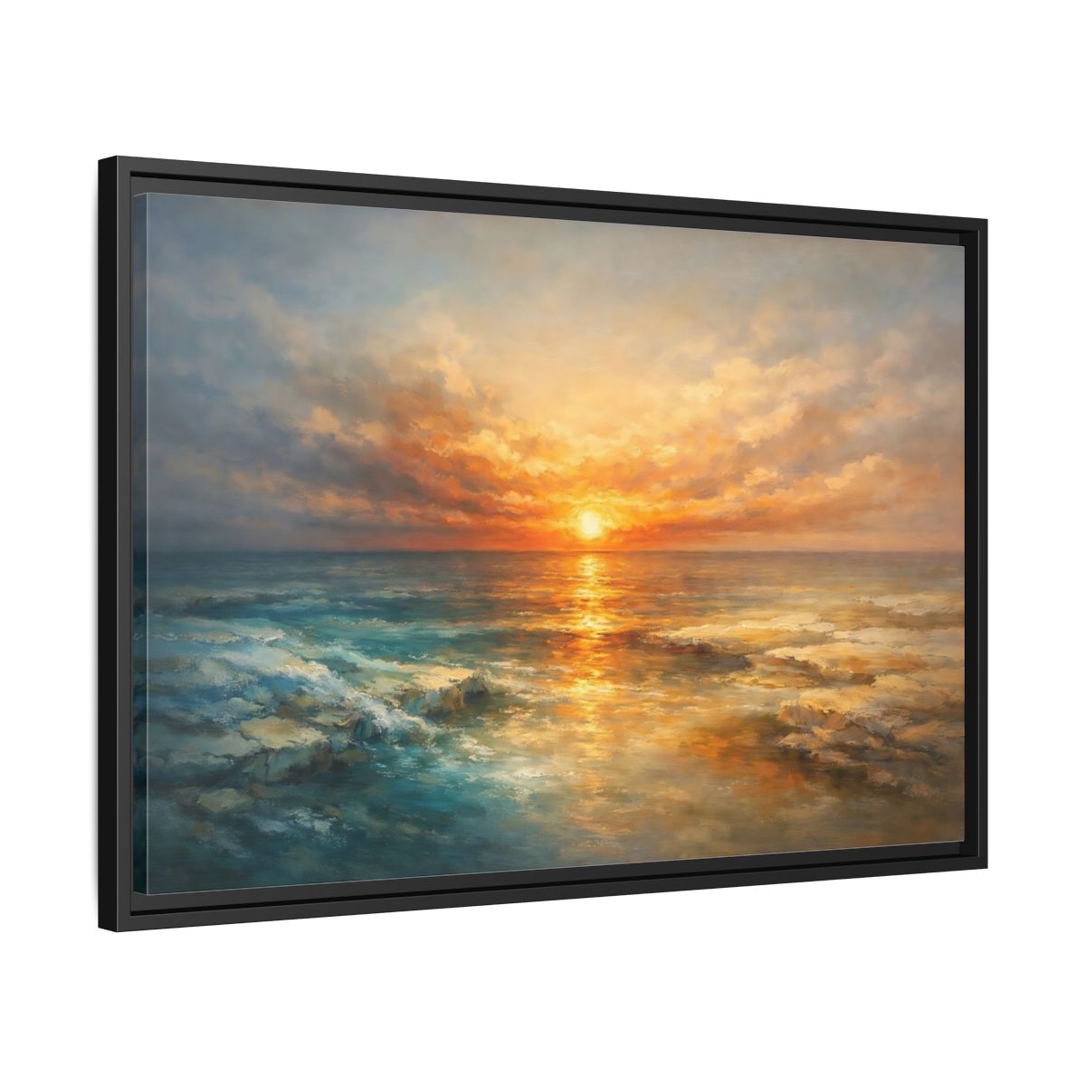 Side Mockup 14. Nature Ocean Sunset Orange Blue Sunset shown as stretched canvas wall art