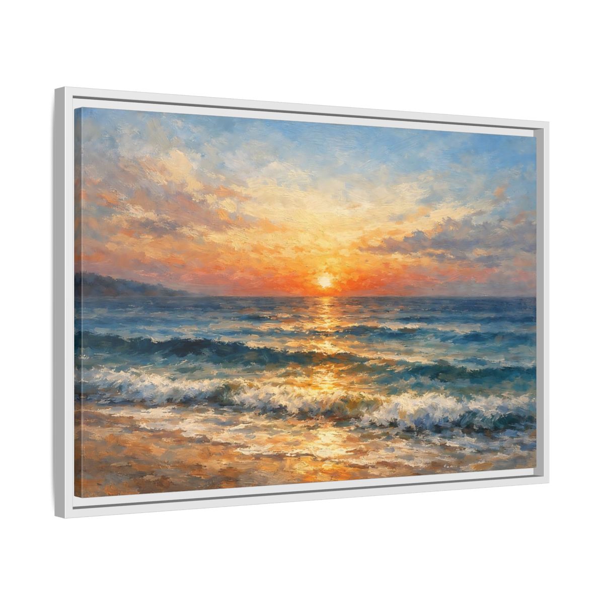 Side Mockup 10. Nature Ocean Sunset Orange Blue Ocean shown as stretched canvas wall art