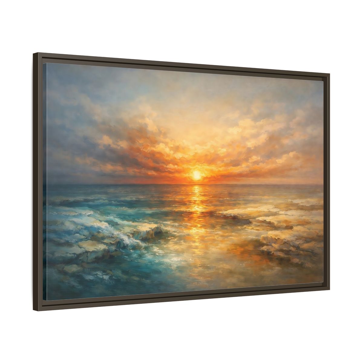 Side Mockup 9. Nature Ocean Sunset Orange Blue Sunset shown as stretched canvas wall art