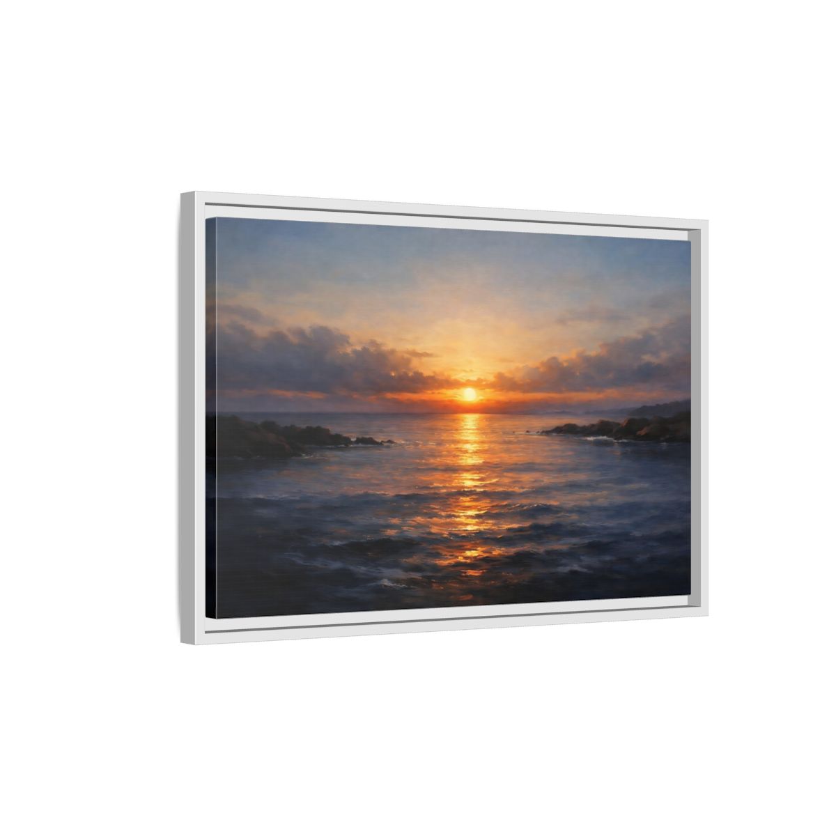 Side Mockup 1. Nature Ocean Sunset Orange Blue Sunset shown as stretched canvas wall art