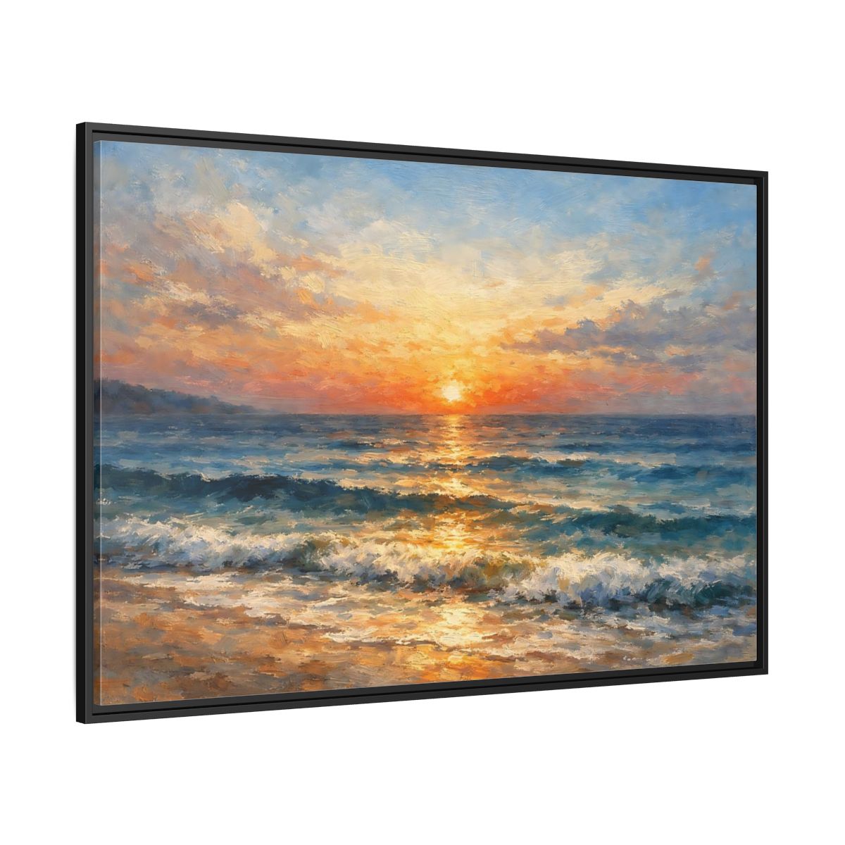 Side Mockup 12. Nature Ocean Sunset Orange Blue Ocean shown as stretched canvas wall art