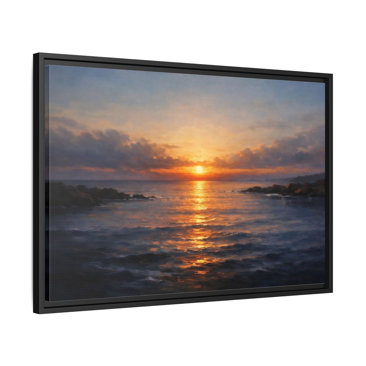 Side Mockup 14. Nature Ocean Sunset Orange Blue Sunset shown as stretched canvas wall art
