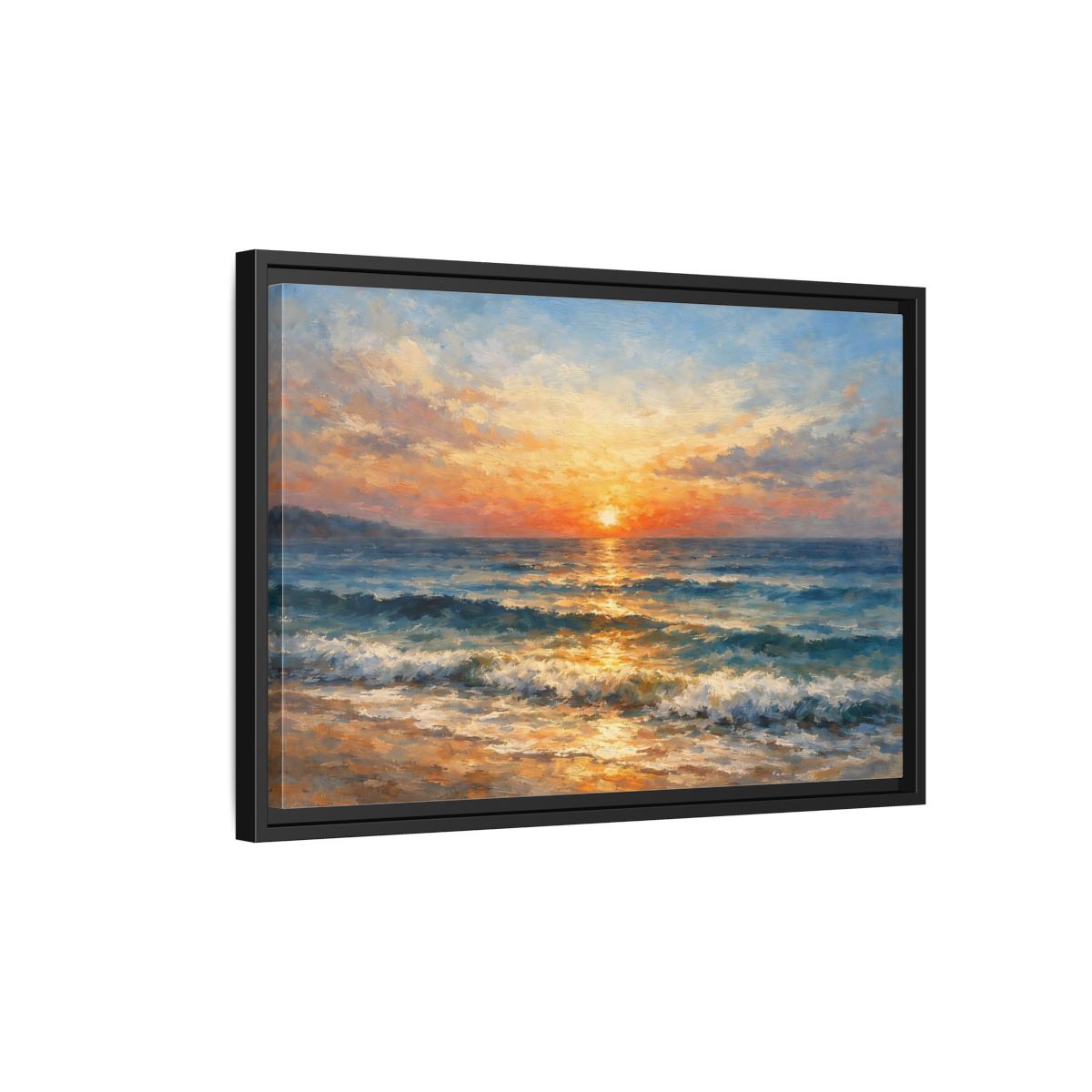 Side Mockup 3. Nature Ocean Sunset Orange Blue Ocean shown as stretched canvas wall art