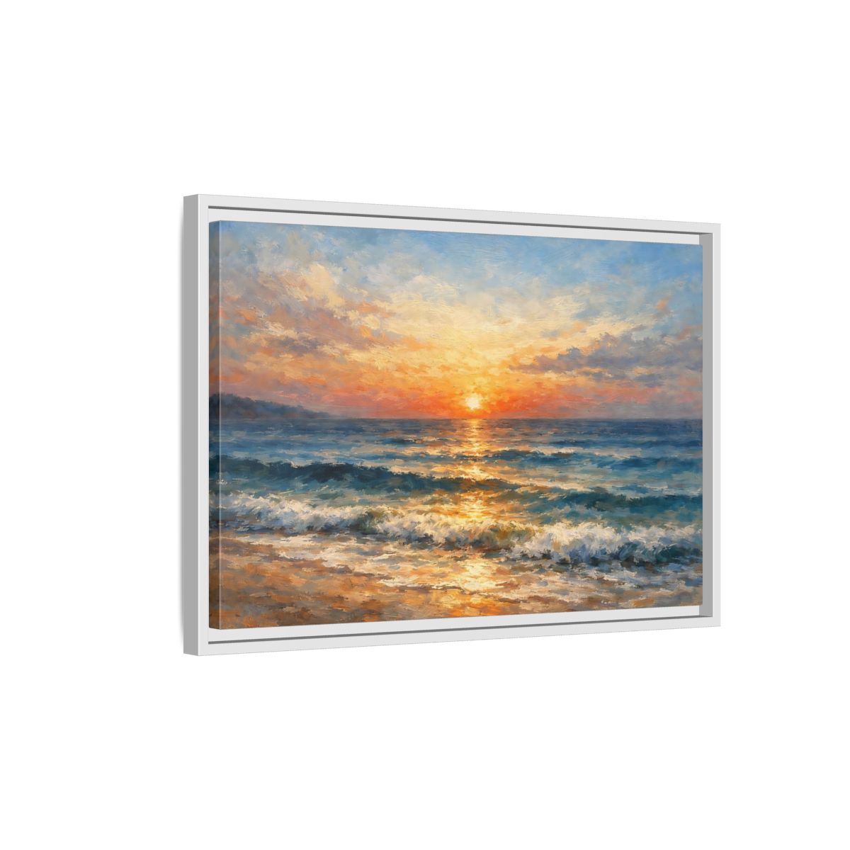 Side Mockup 1. Nature Ocean Sunset Orange Blue Ocean shown as stretched canvas wall art