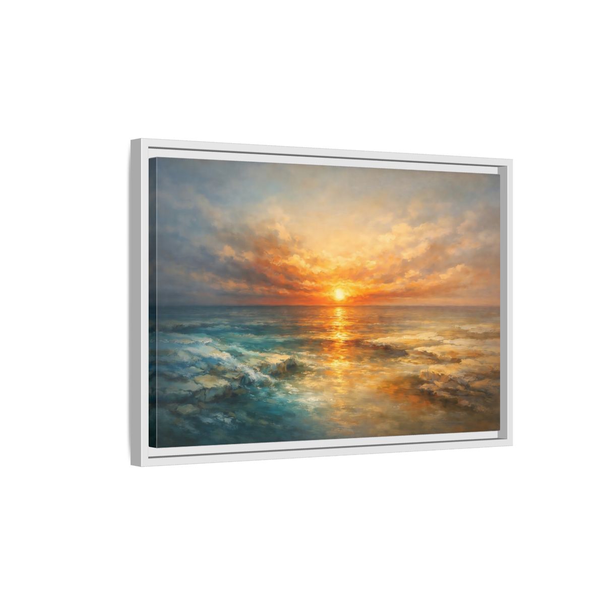 Side Mockup 1. Nature Ocean Sunset Orange Blue Sunset shown as stretched canvas wall art