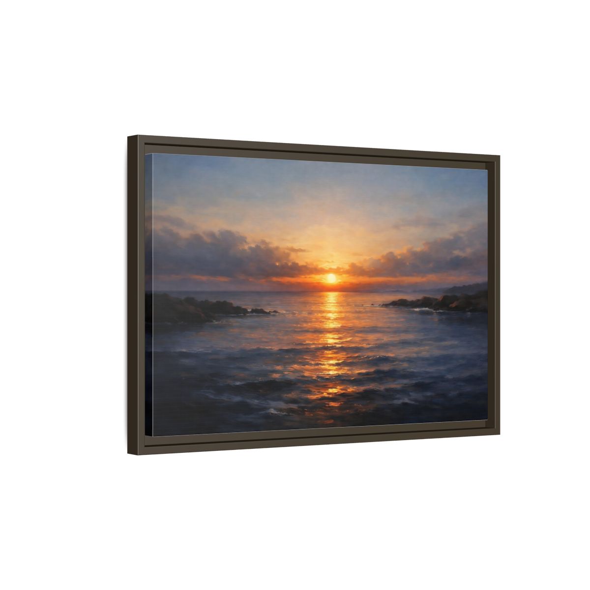 Side Mockup 2. Nature Ocean Sunset Orange Blue Sunset shown as stretched canvas wall art