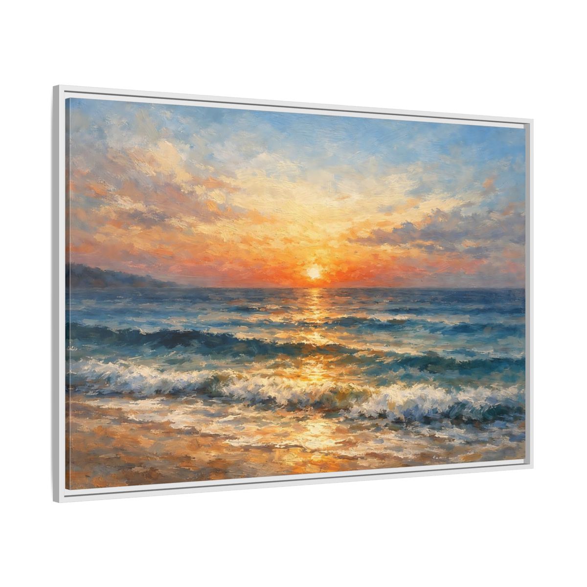 Side Mockup 7. Nature Ocean Sunset Orange Blue Ocean shown as stretched canvas wall art