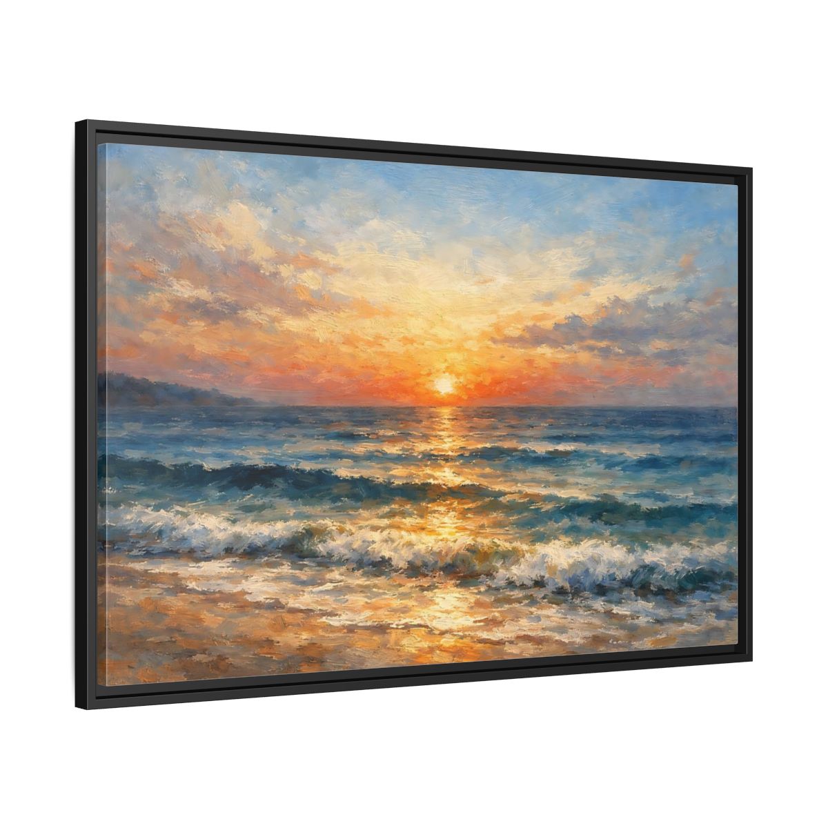 Side Mockup 13. Nature Ocean Sunset Orange Blue Ocean shown as stretched canvas wall art