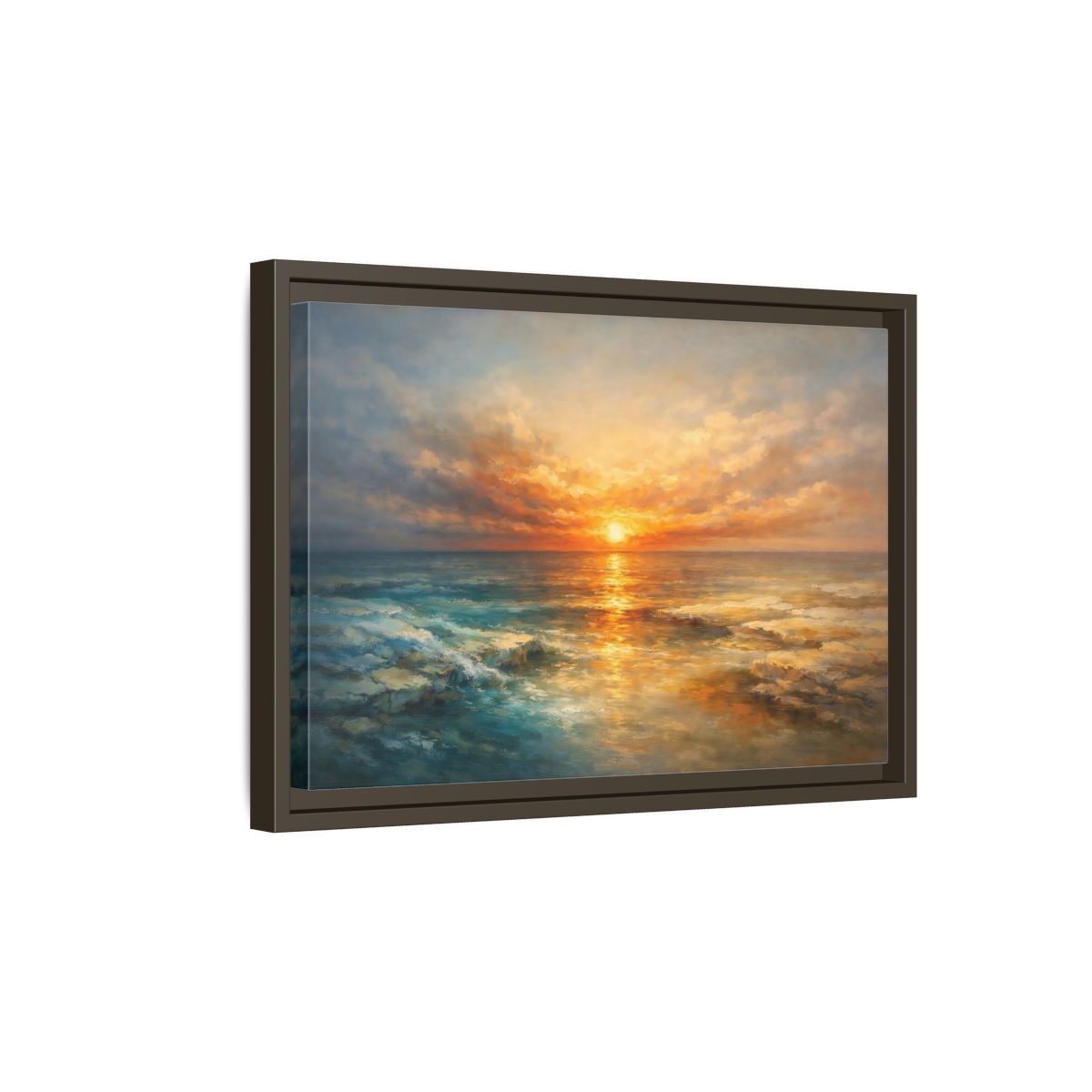 Side Mockup 5. Nature Ocean Sunset Orange Blue Sunset shown as stretched canvas wall art