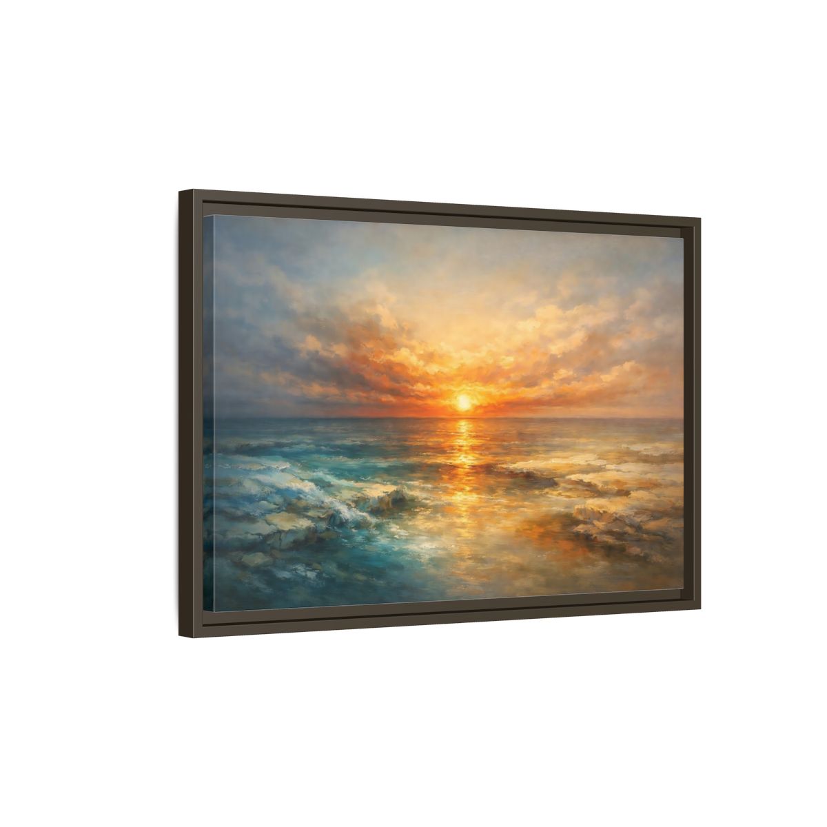 Side Mockup 2. Nature Ocean Sunset Orange Blue Sunset shown as stretched canvas wall art