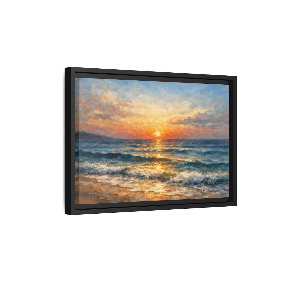 Side Mockup 6. Nature Ocean Sunset Orange Blue Ocean shown as stretched canvas wall art