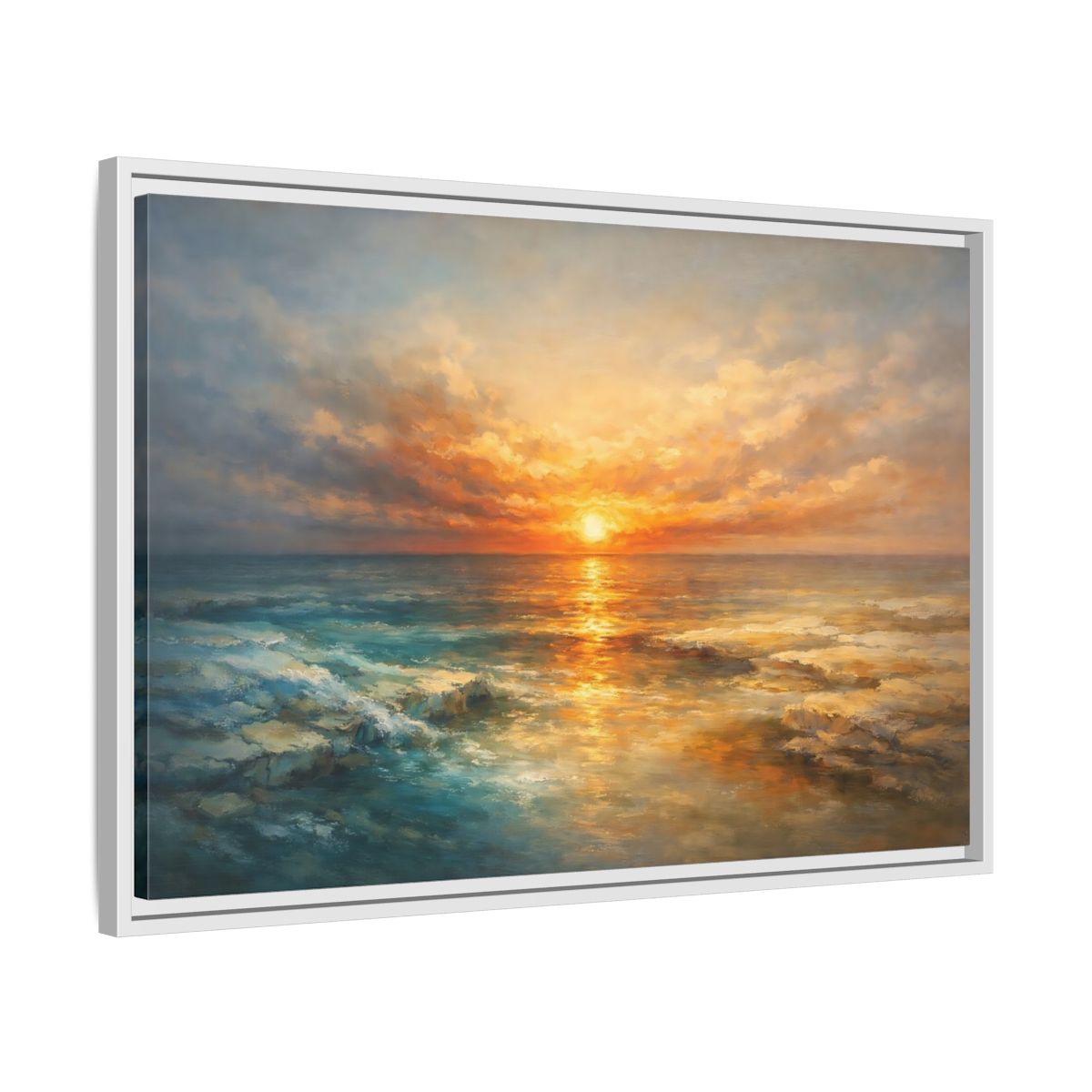 Side Mockup 10. Nature Ocean Sunset Orange Blue Sunset shown as stretched canvas wall art
