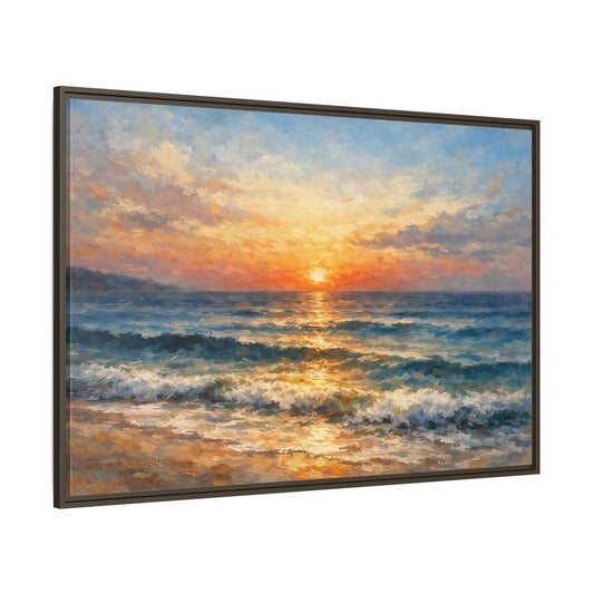 Main Mockup. Nature Ocean Sunset Orange Blue Ocean shown as stretched canvas wall art
