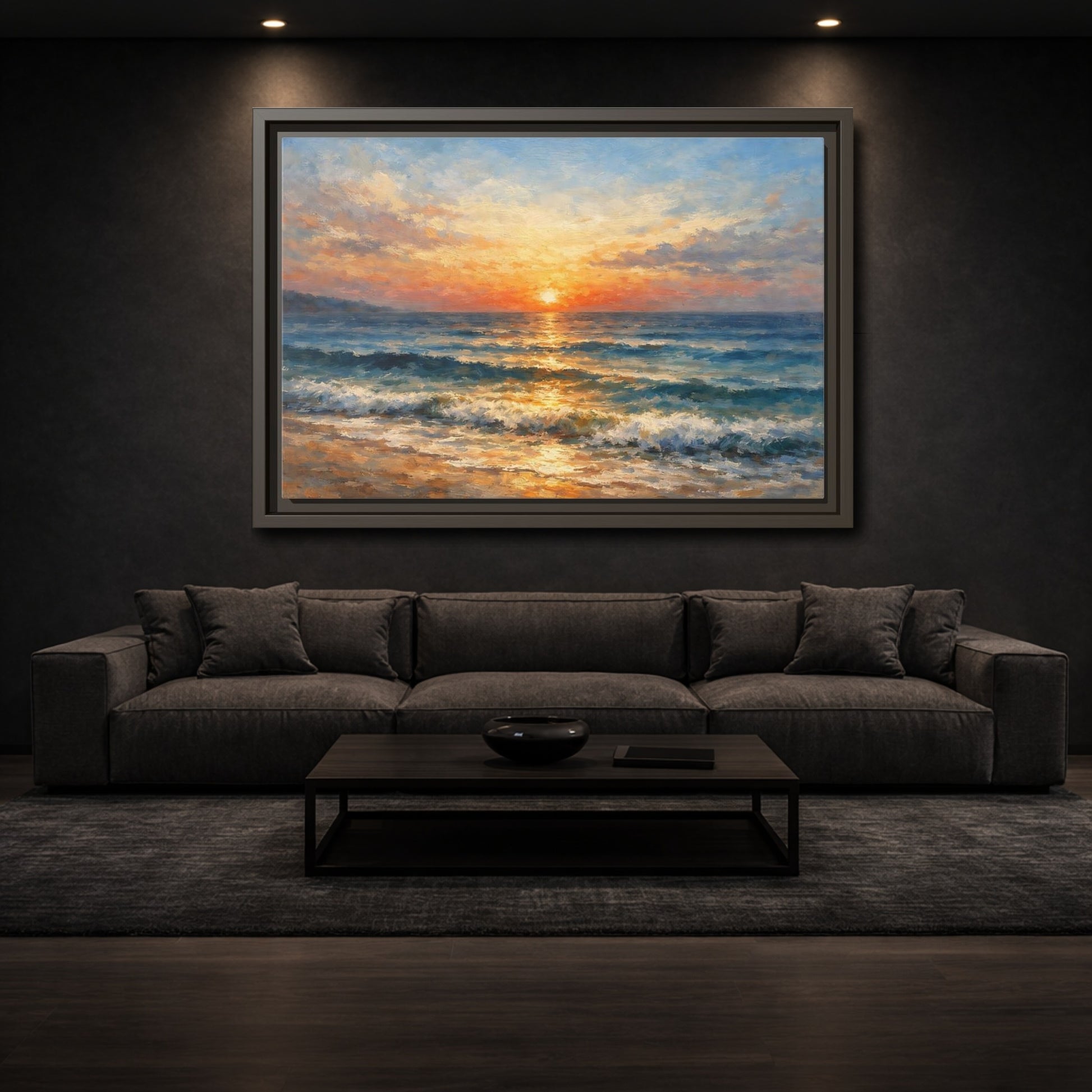 Mockup 2. Nature Ocean Sunset Orange Blue Ocean shown as stretched canvas wall art