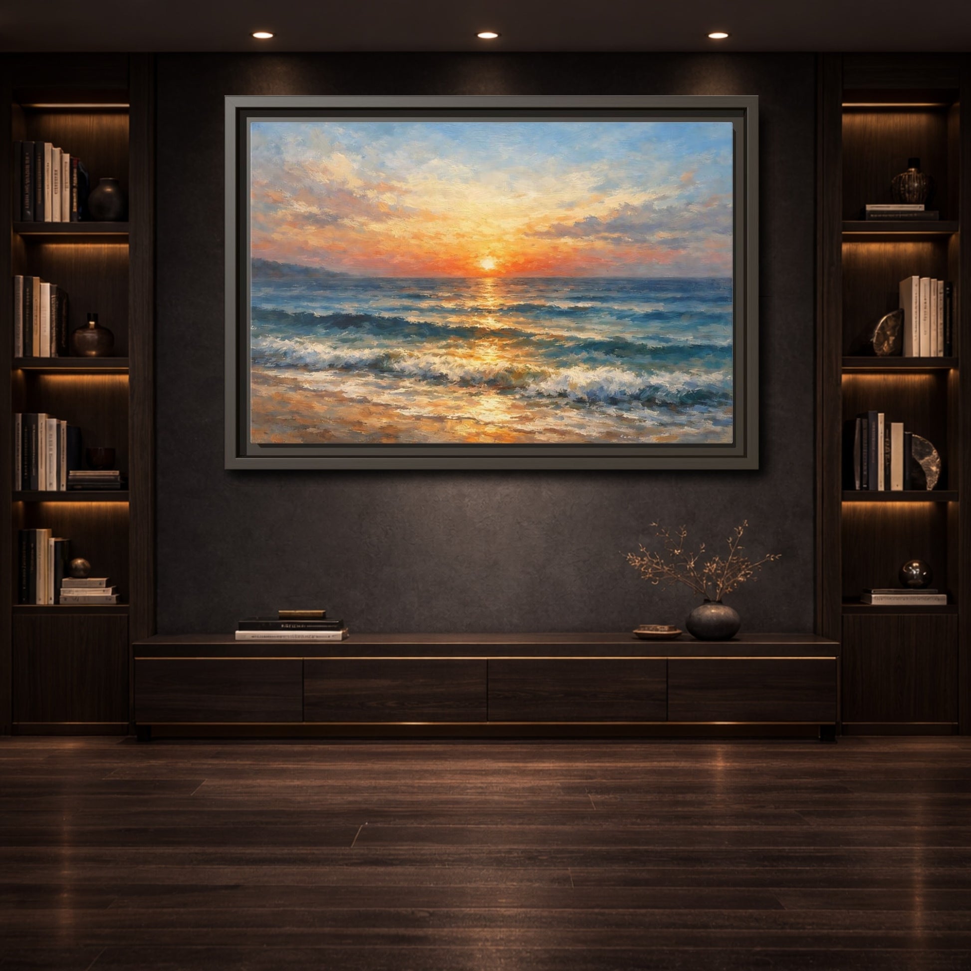 Mockup 3. Nature Ocean Sunset Orange Blue Ocean shown as stretched canvas wall art
