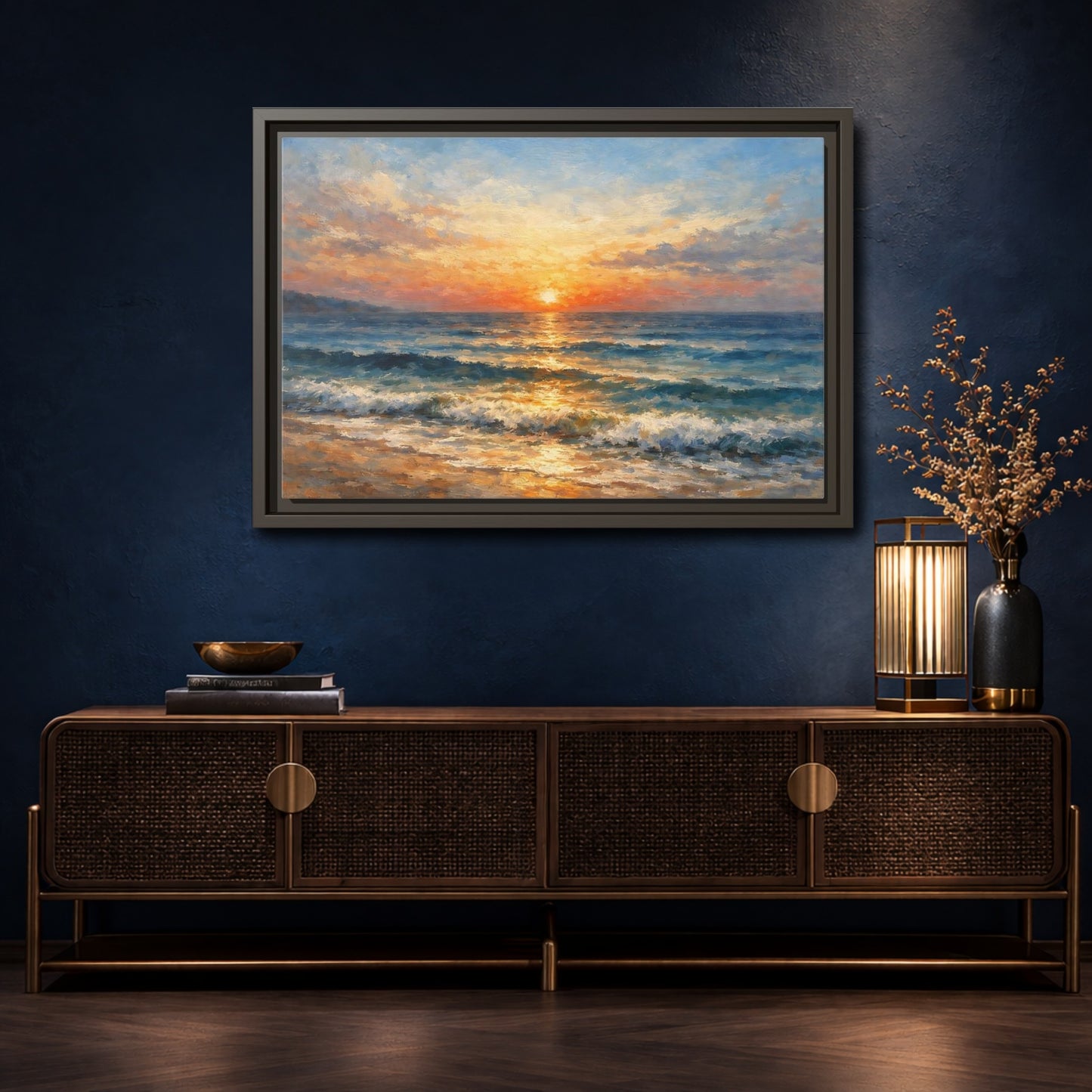 Mockup 4. Nature Ocean Sunset Orange Blue Ocean shown as stretched canvas wall art