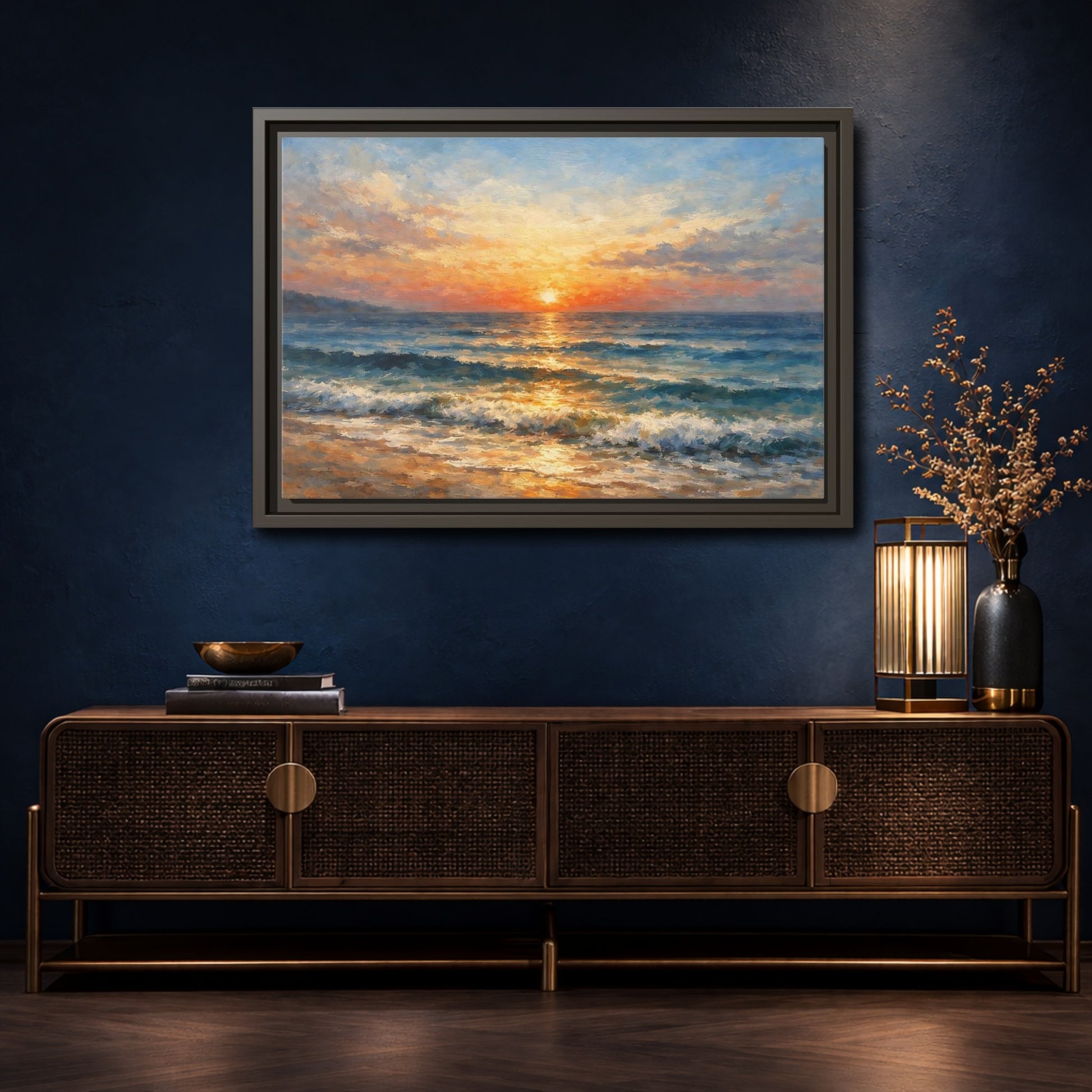 Mockup 4. Nature Ocean Sunset Orange Blue Ocean shown as stretched canvas wall art
