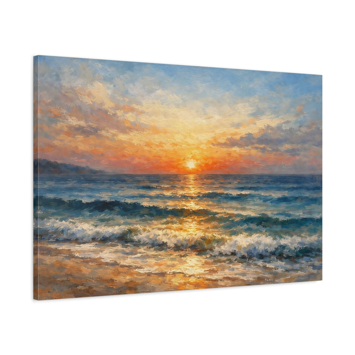 Side Mockup 1. Nature Ocean Sunset Orange Blue Seascape shown as stretched canvas wall art