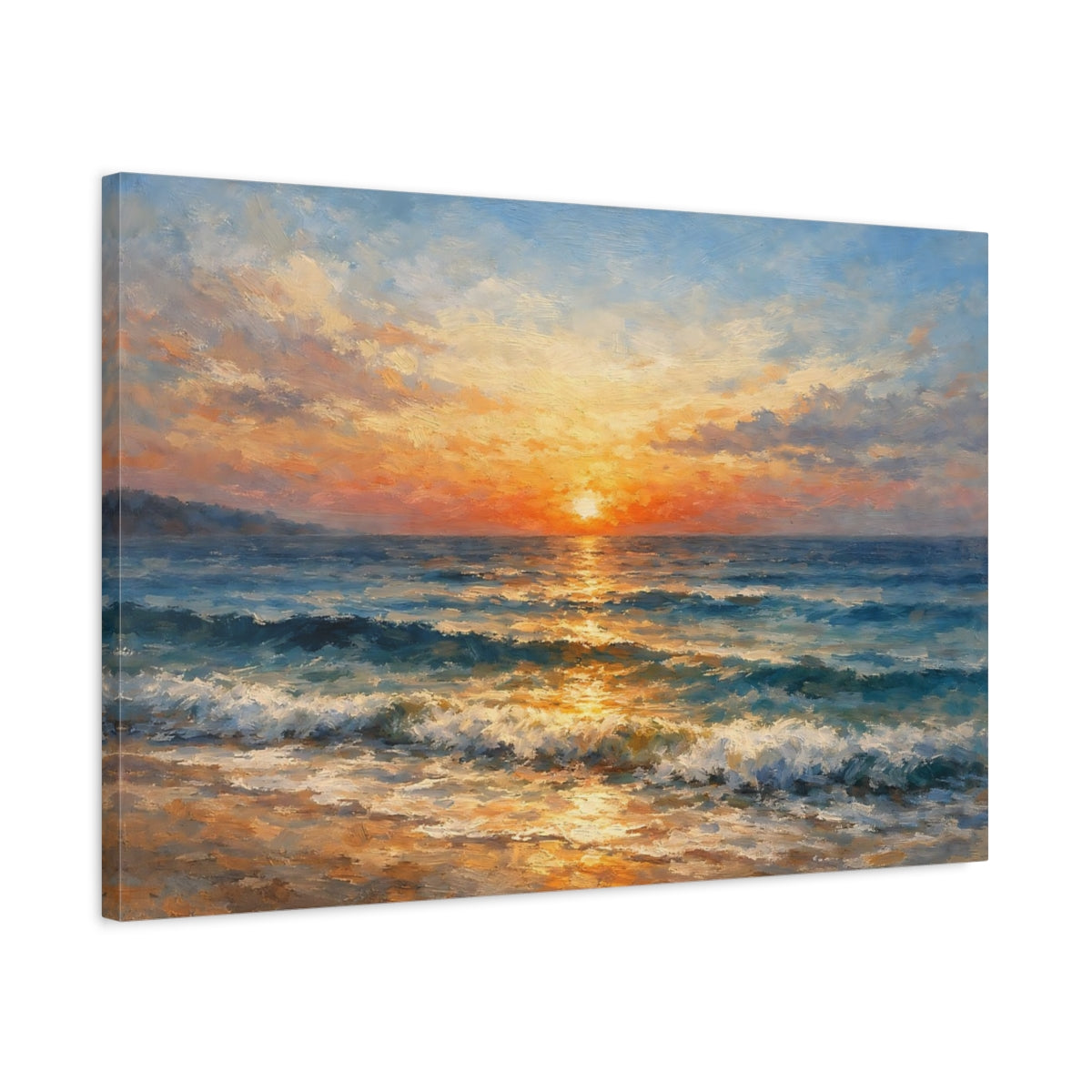 Side Mockup 2. Nature Ocean Sunset Orange Blue Seascape shown as stretched canvas wall art