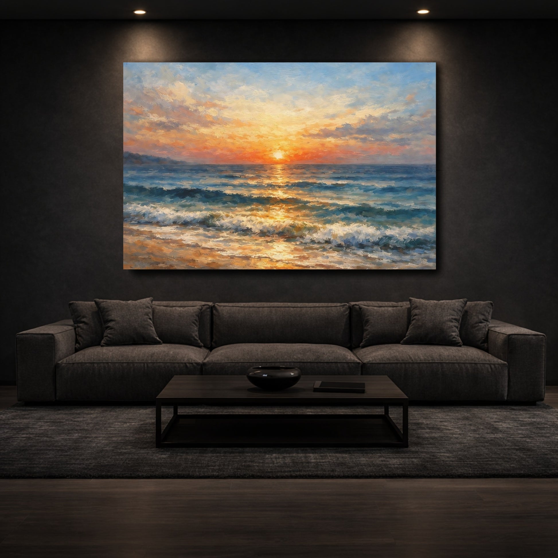 Mockup 2. Nature Ocean Sunset Orange Blue Seascape shown as stretched canvas wall art