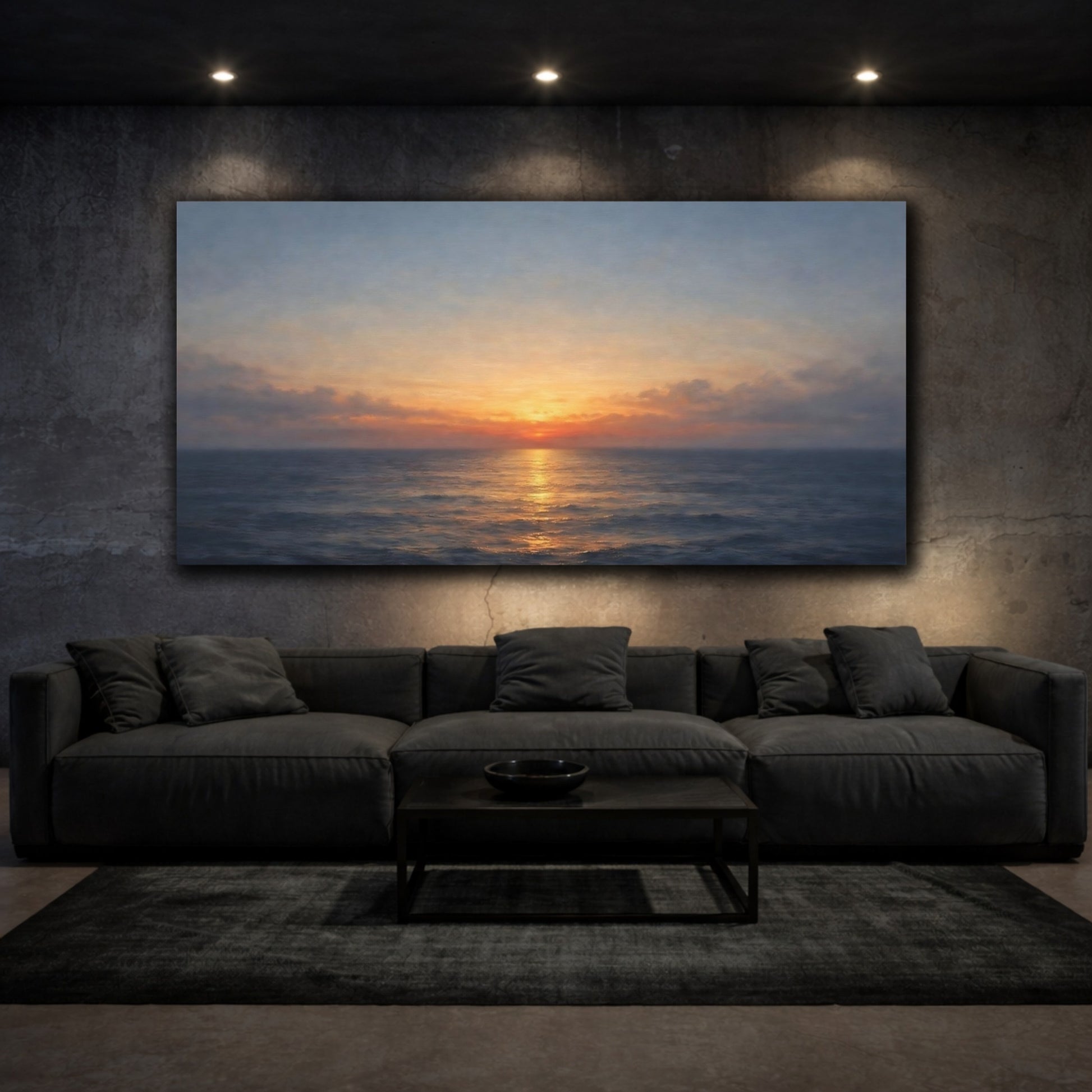 Mockup 2. Nature Ocean Sunset Orange Blue Seascape shown as stretched canvas wall art