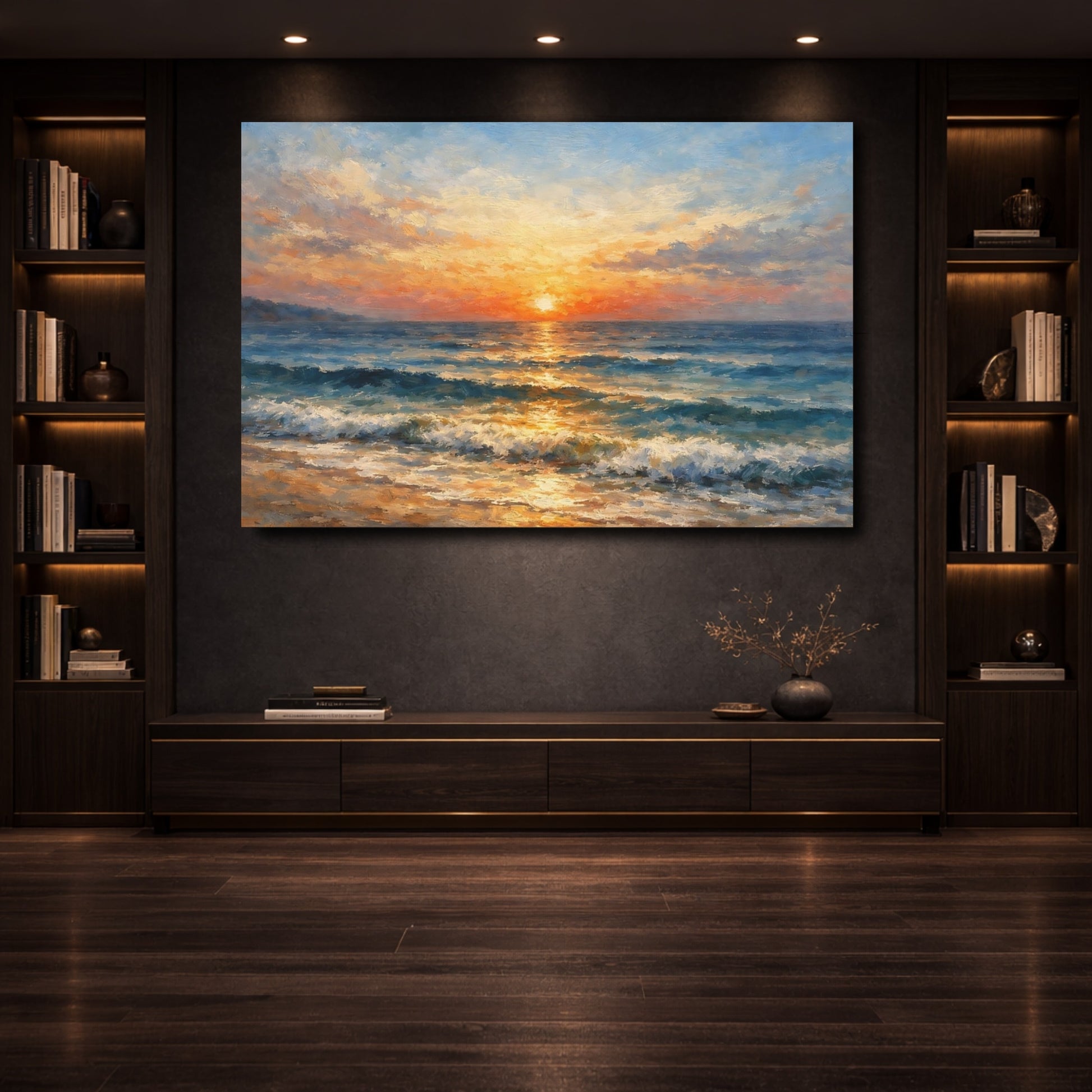 Mockup 3. Nature Ocean Sunset Orange Blue Seascape shown as stretched canvas wall art