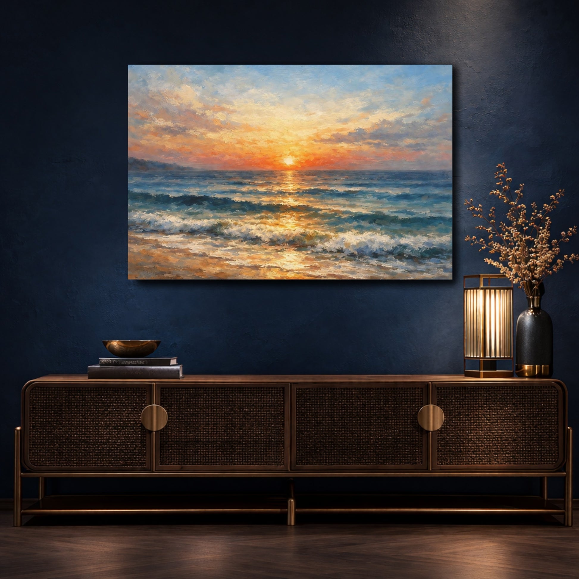 Mockup 4. Nature Ocean Sunset Orange Blue Seascape shown as stretched canvas wall art