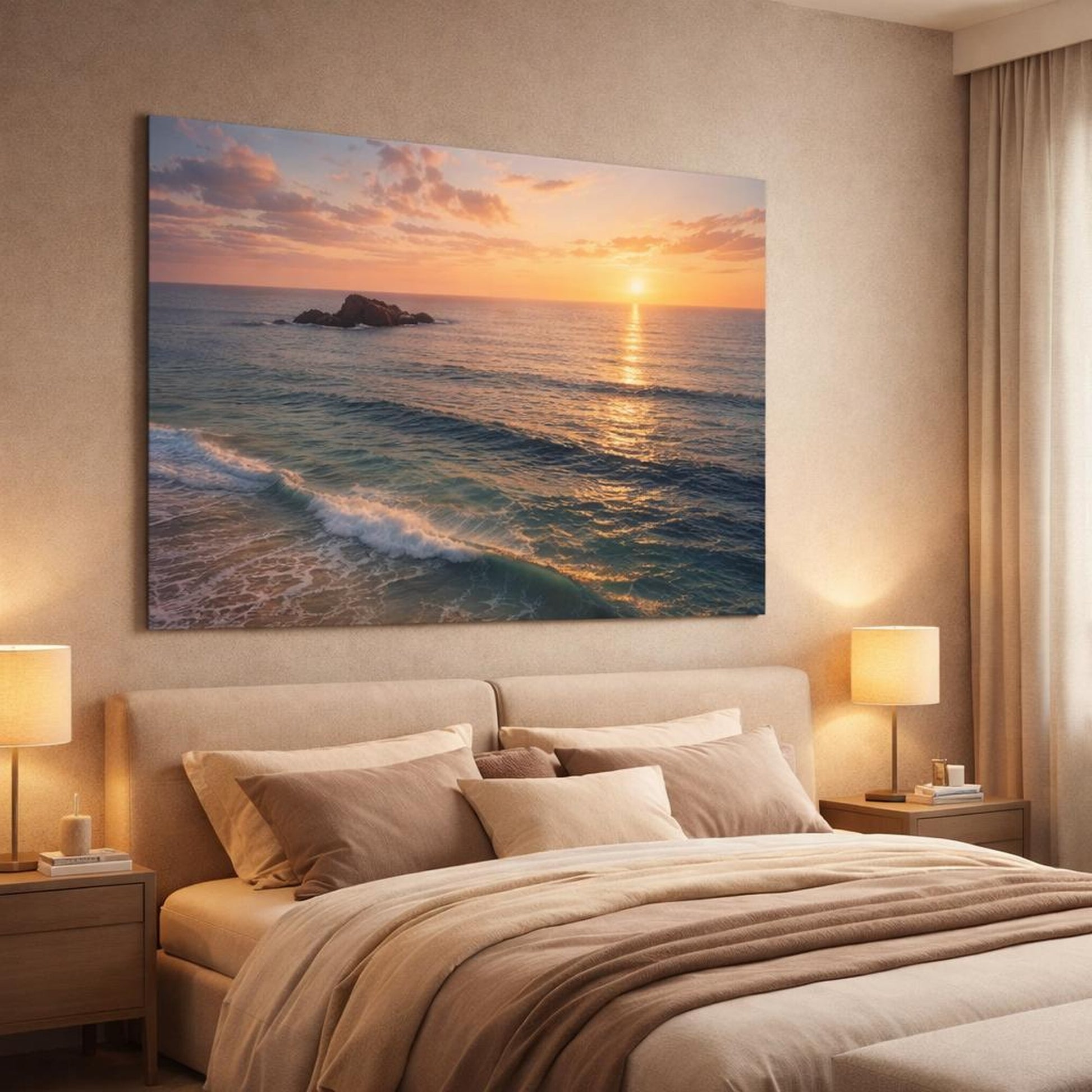 Nature Ocean Sunset Orange Blue Sunset shown as canvas wall art in a luxury bedroom