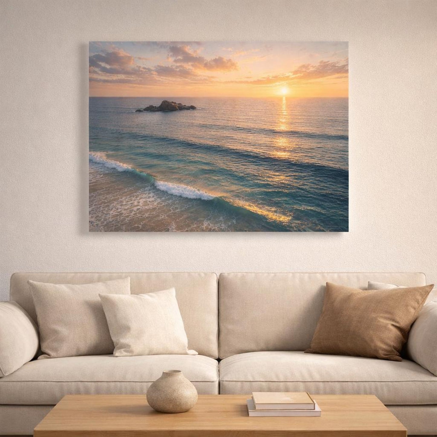Nature Ocean Sunset Orange Blue Sunset shown as canvas wall art in a sophisticated contemporary living space