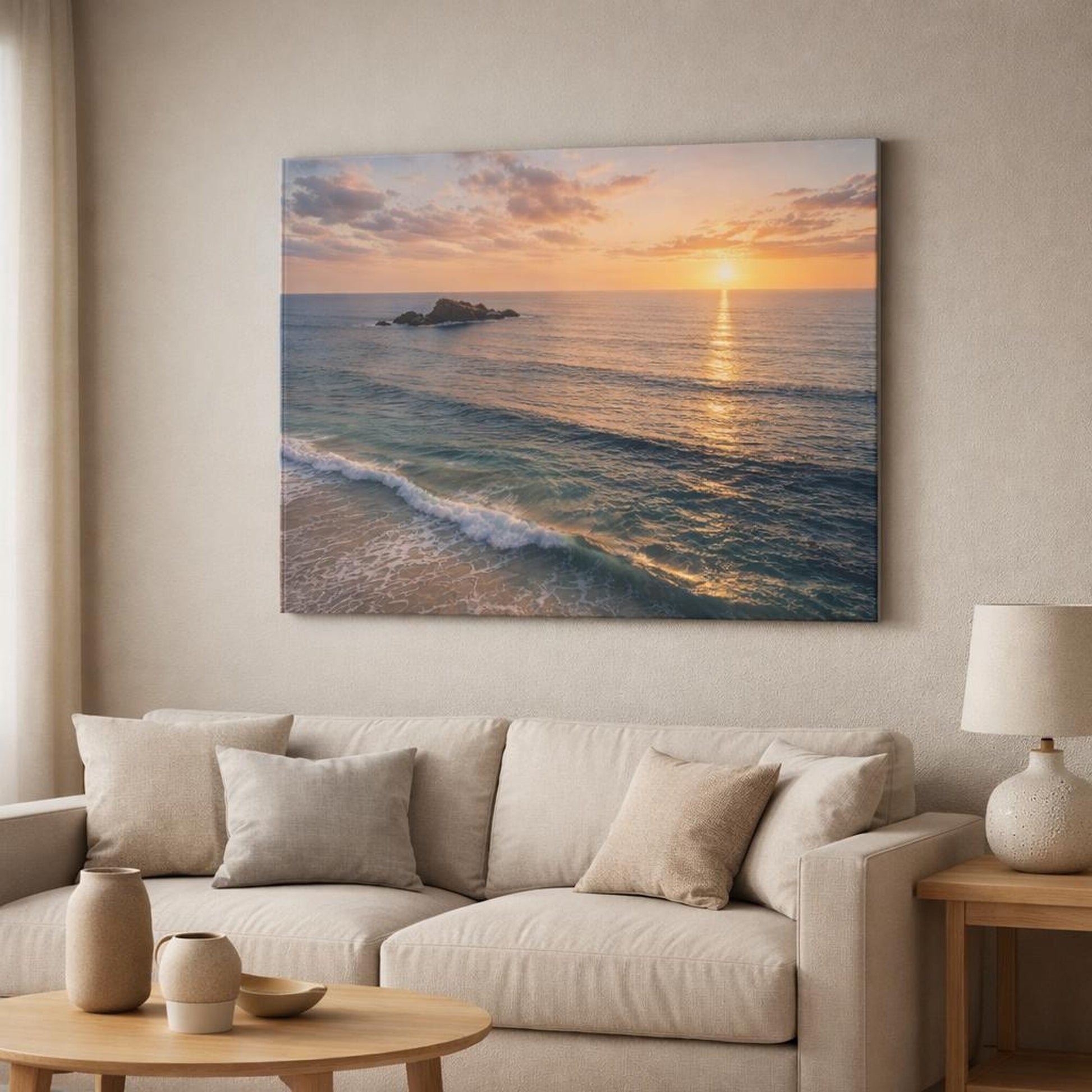 Nature Ocean Sunset Orange Blue Sunset shown as canvas wall art in a modern living room