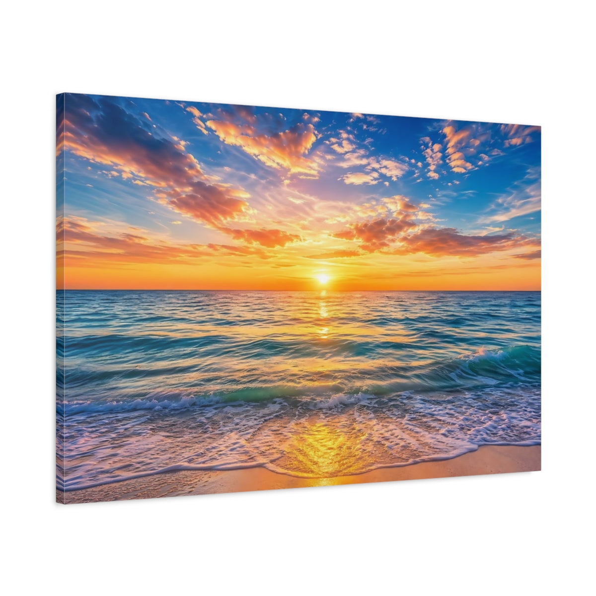 Main Mockup. Nature Ocean Sunset Orange Blue Sunset shown as stretched canvas wall art