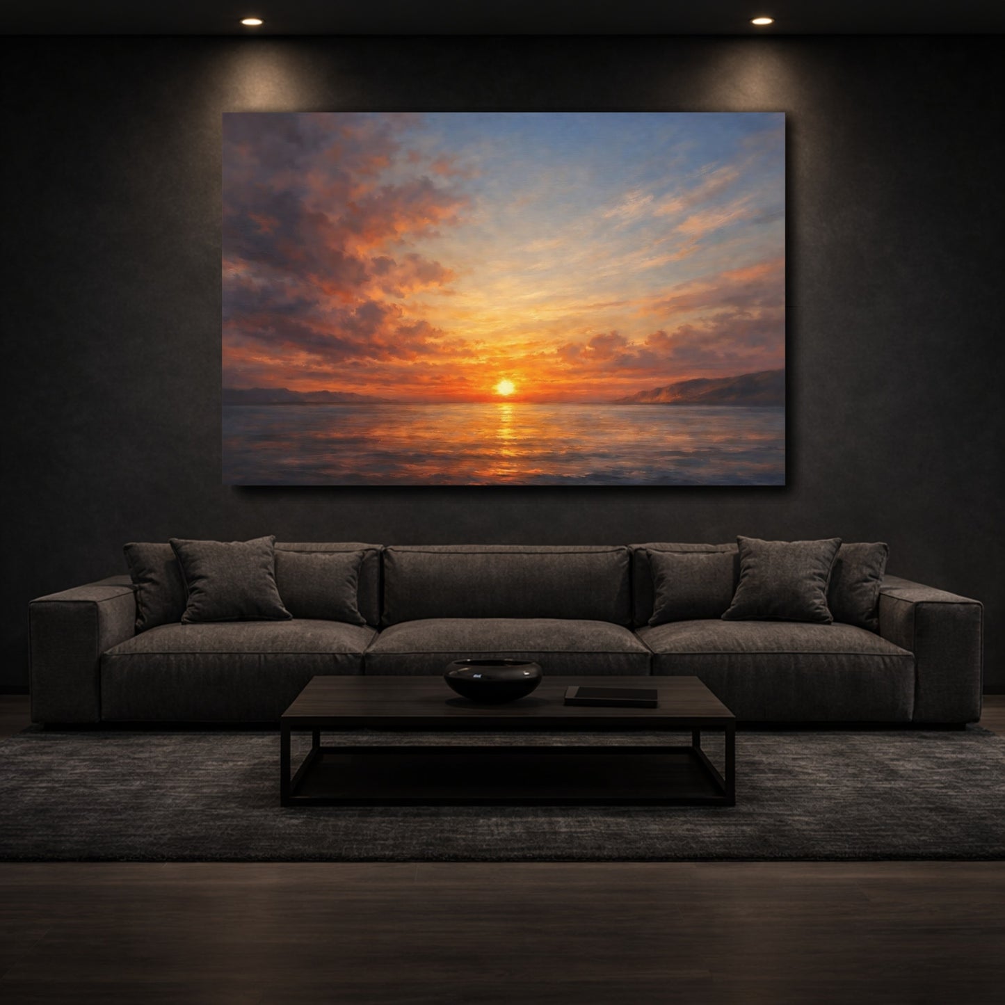 Mockup 2. Nature Ocean Sunset Orange Blue Sunset shown as stretched canvas wall art