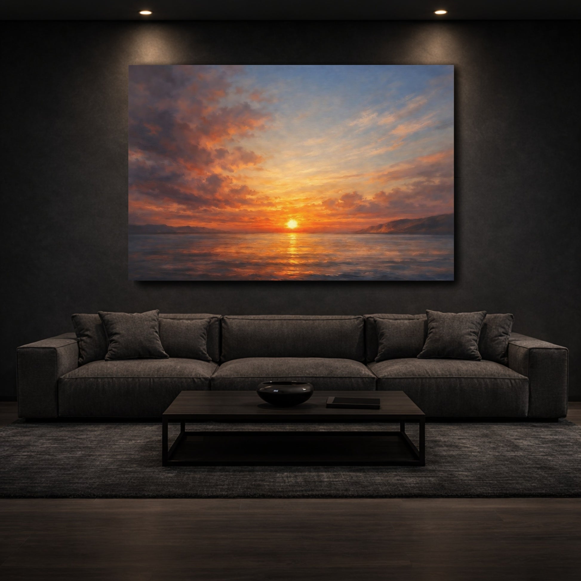 Mockup 2. Nature Ocean Sunset Orange Blue Sunset shown as stretched canvas wall art