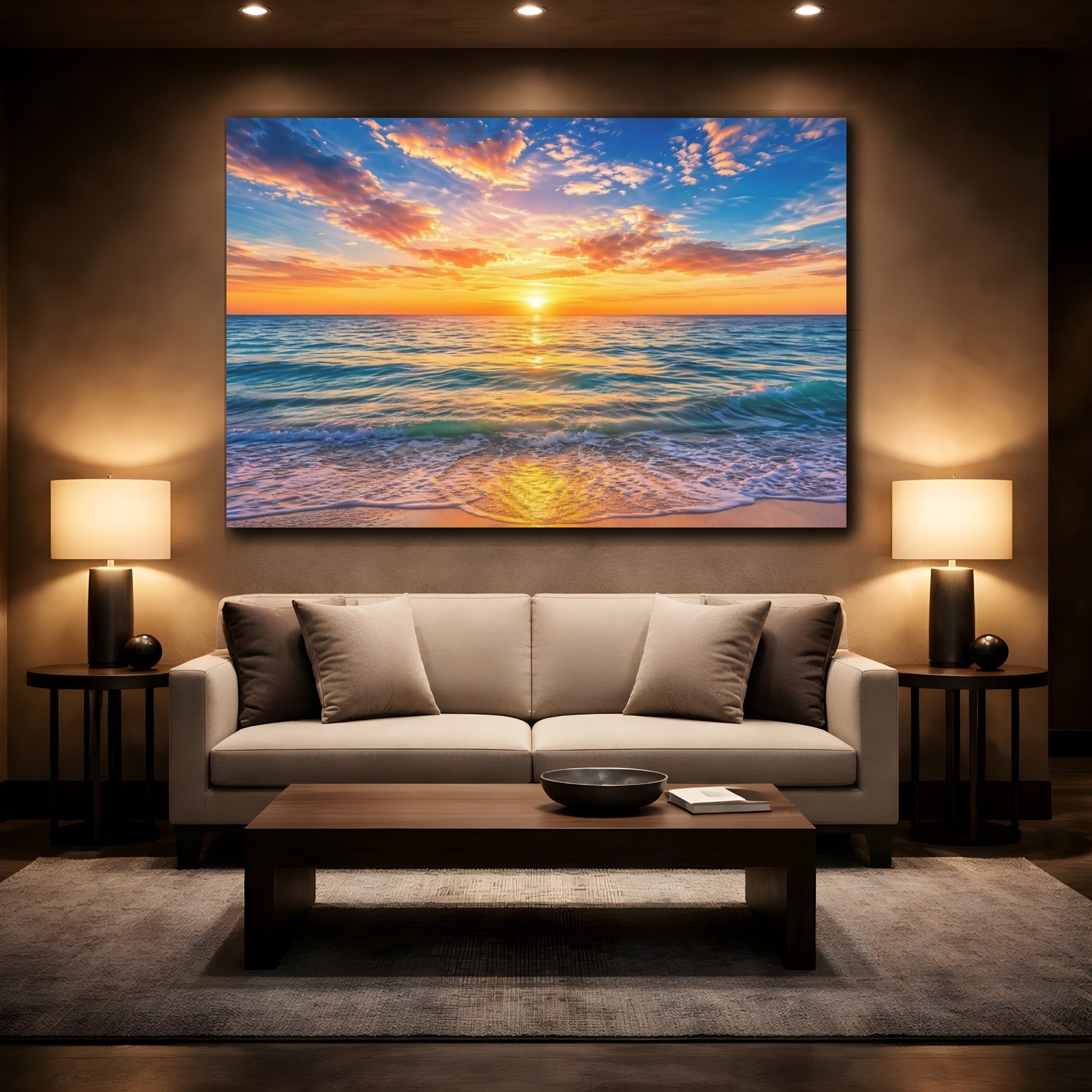 Mockup 2. Nature Ocean Sunset Orange Blue Sunset shown as stretched canvas wall art