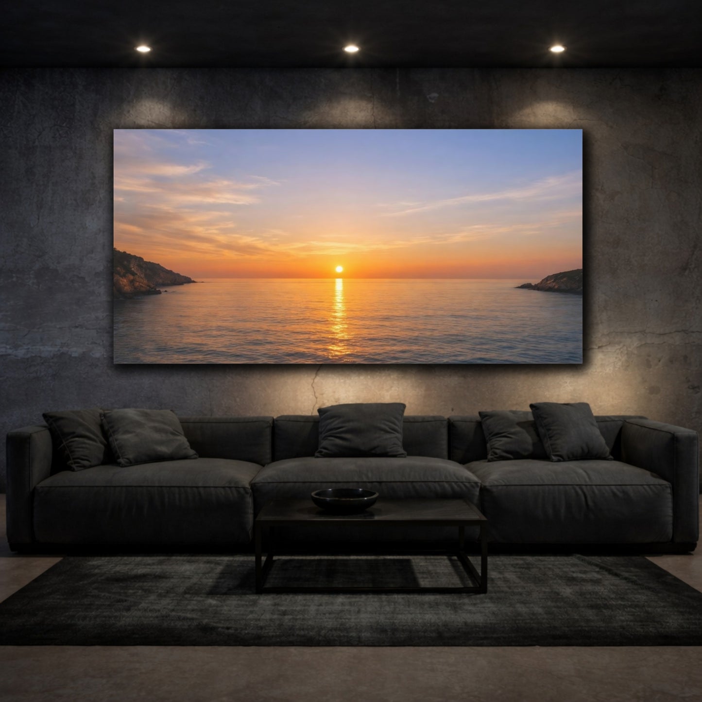 Mockup 2. Nature Ocean Sunset Orange Blue Sunset shown as stretched canvas wall art