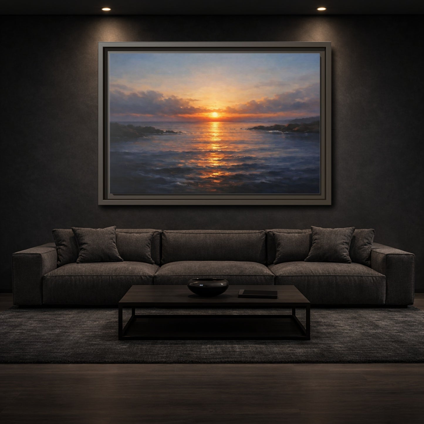 Mockup 2. Nature Ocean Sunset Orange Blue Sunset shown as stretched canvas wall art