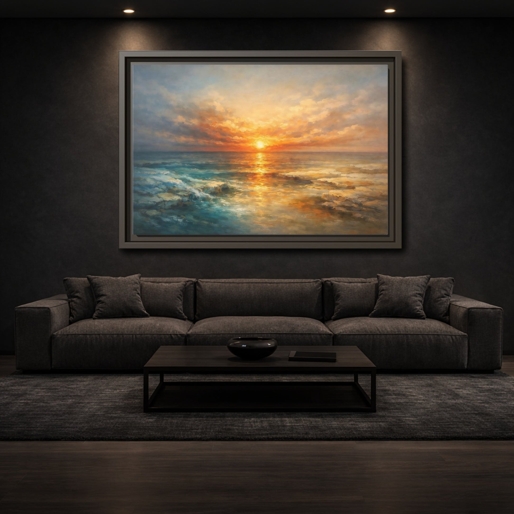 Mockup 2. Nature Ocean Sunset Orange Blue Sunset shown as stretched canvas wall art