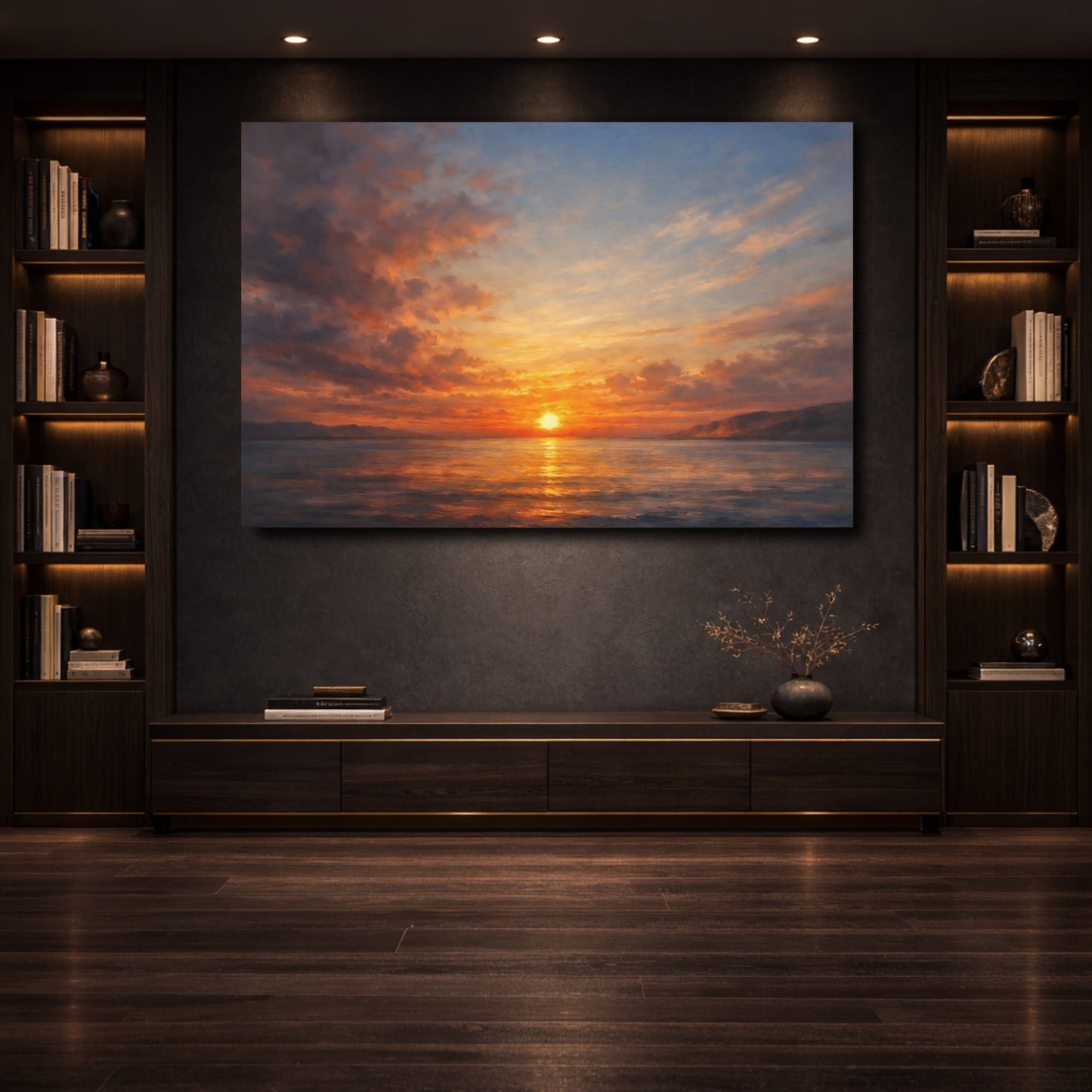 Mockup 3. Nature Ocean Sunset Orange Blue Sunset shown as stretched canvas wall art