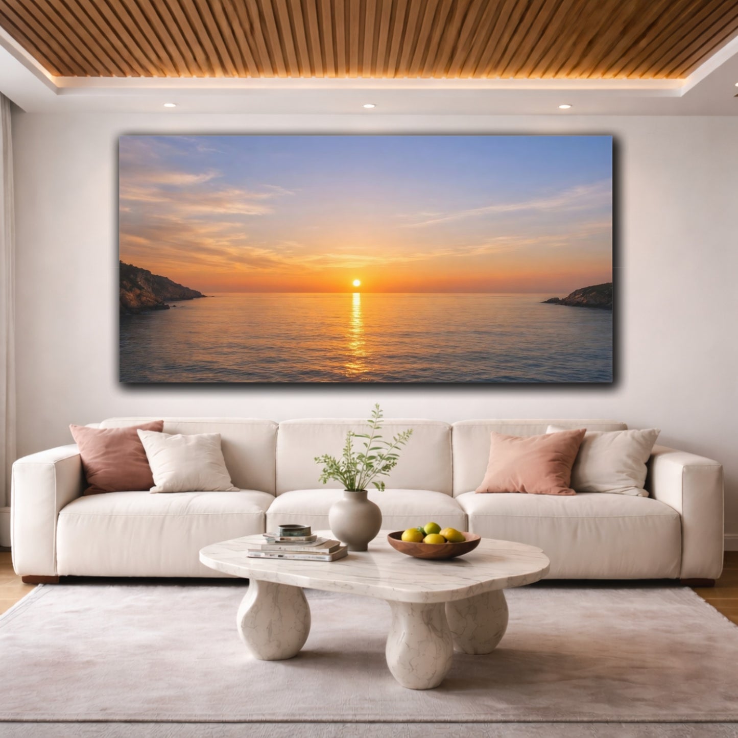 Mockup 3. Nature Ocean Sunset Orange Blue Sunset shown as stretched canvas wall art