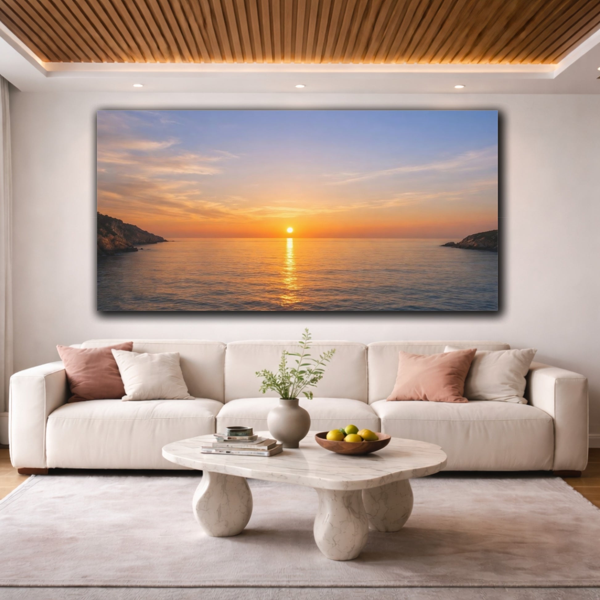 Mockup 3. Nature Ocean Sunset Orange Blue Sunset shown as stretched canvas wall art