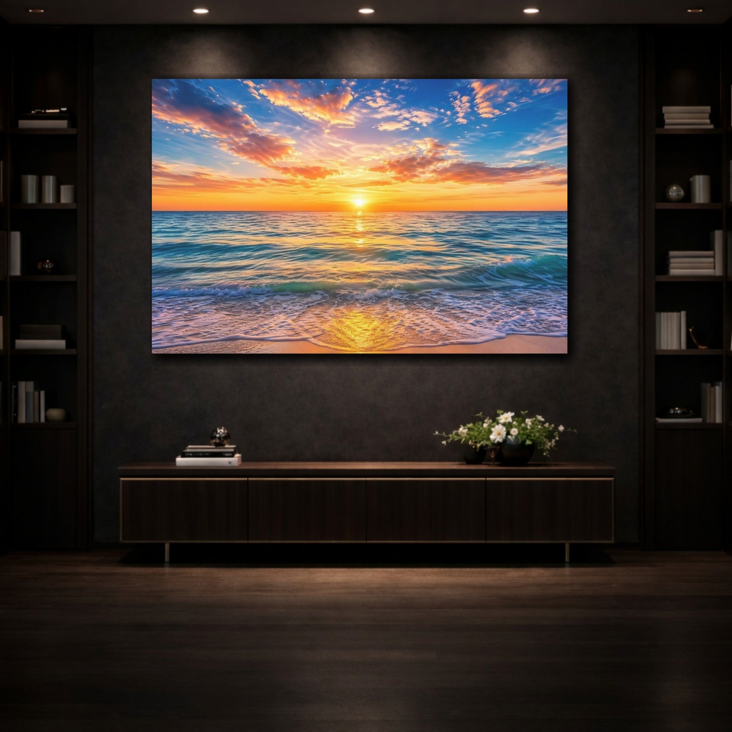 Mockup 3. Nature Ocean Sunset Orange Blue Sunset shown as stretched canvas wall art