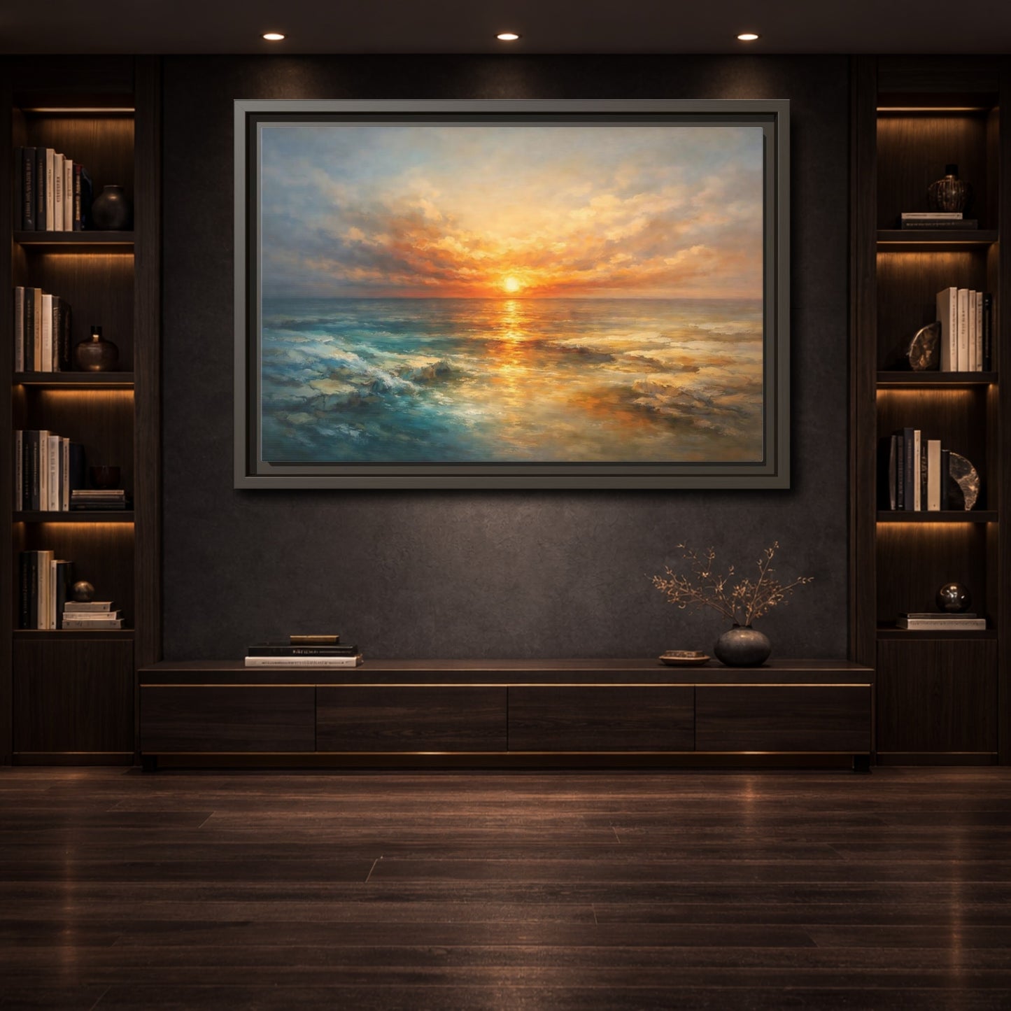 Mockup 3. Nature Ocean Sunset Orange Blue Sunset shown as stretched canvas wall art