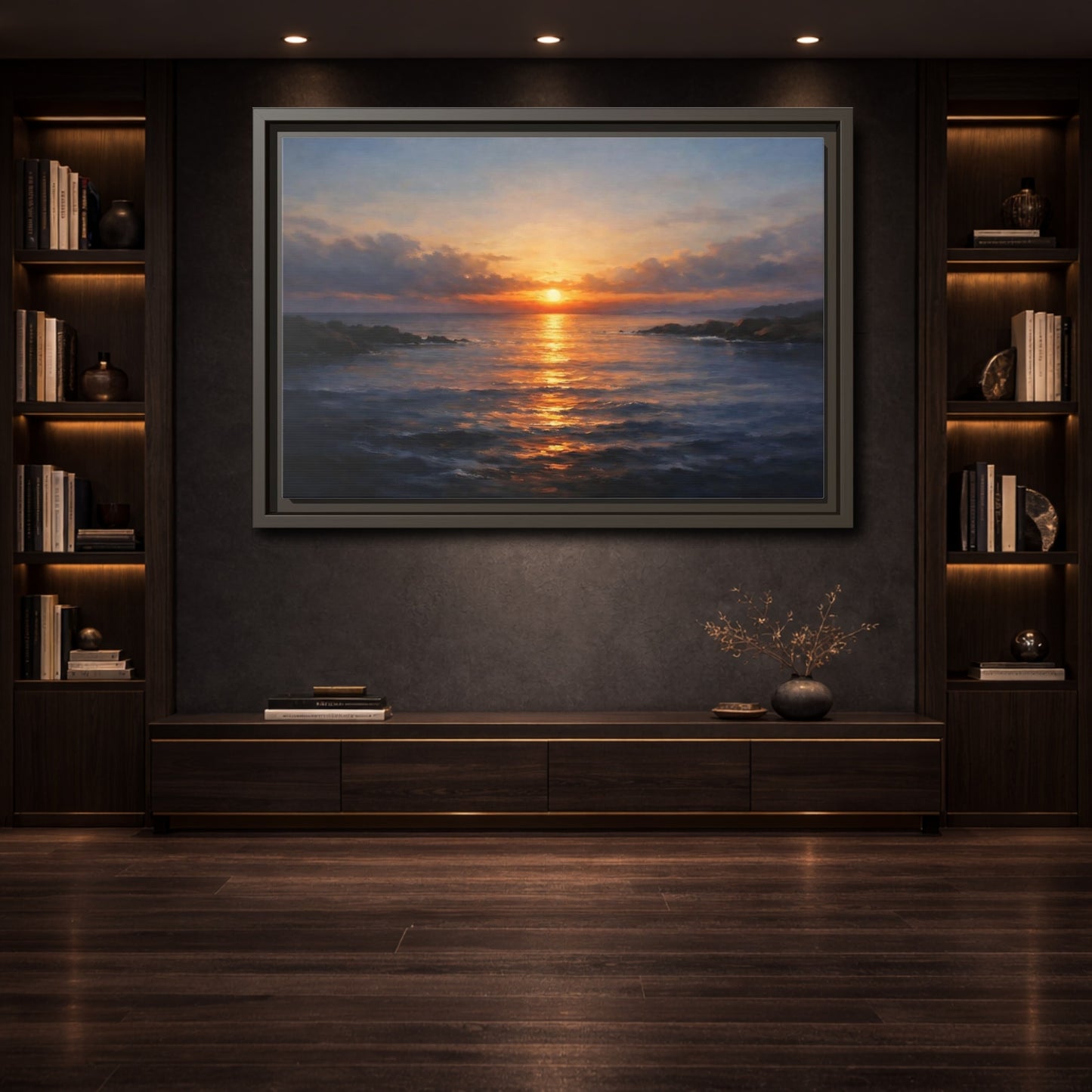 Mockup 3. Nature Ocean Sunset Orange Blue Sunset shown as stretched canvas wall art