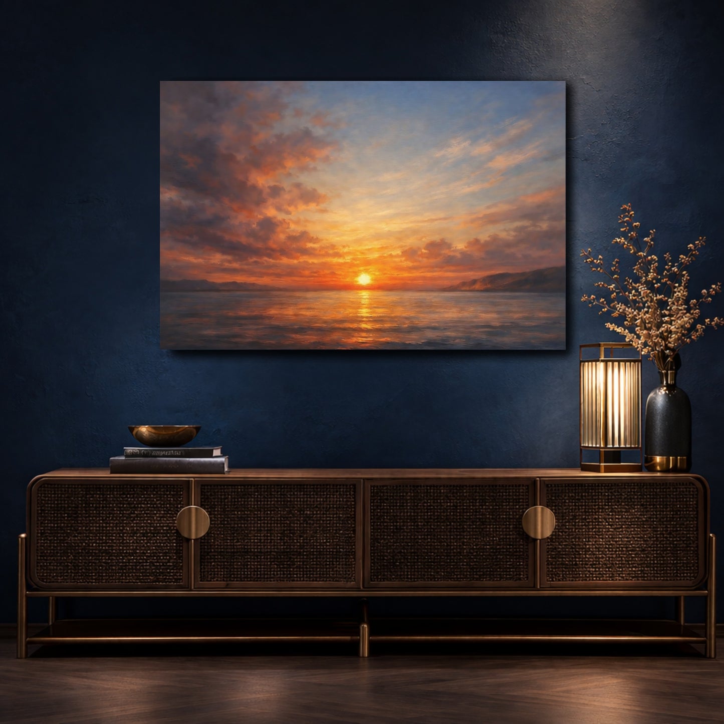 Mockup 4. Nature Ocean Sunset Orange Blue Sunset shown as stretched canvas wall art