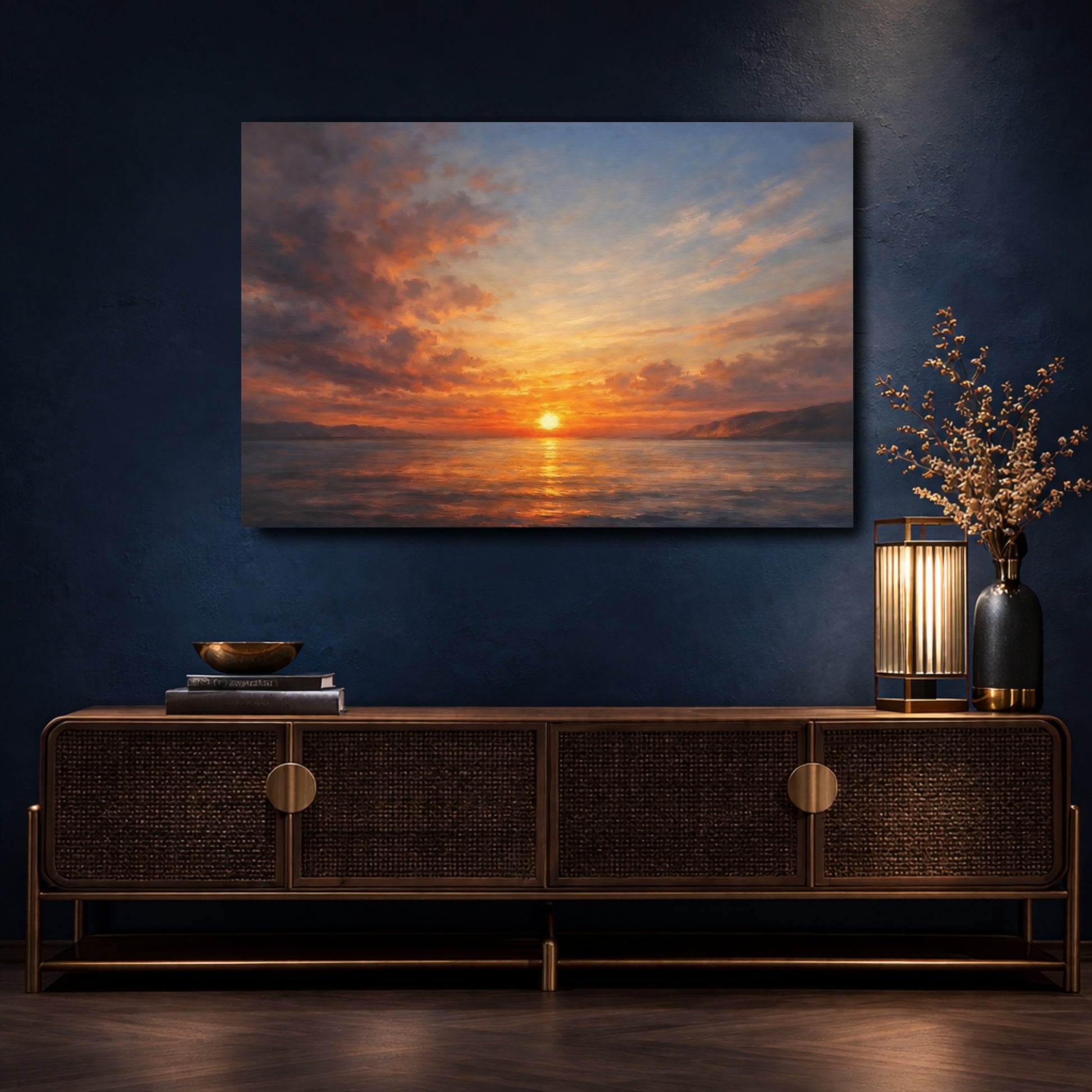 Mockup 4. Nature Ocean Sunset Orange Blue Sunset shown as stretched canvas wall art