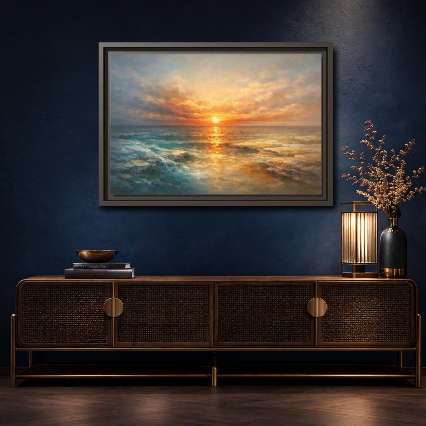 Mockup 4. Nature Ocean Sunset Orange Blue Sunset shown as stretched canvas wall art