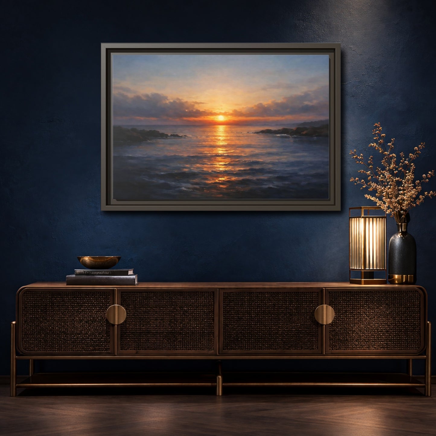 Mockup 4. Nature Ocean Sunset Orange Blue Sunset shown as stretched canvas wall art